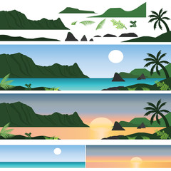 Set of Hawaii mountain and beach with sunshine and sunset