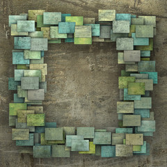 3d green square tile grunge pattern on brown grungy wall