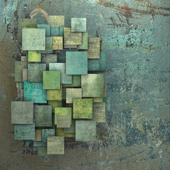 3d green square tile grunge pattern on blue grungy wall