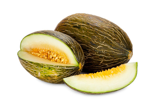 Piel de Sapo Zuckermelone, ganz, angeschnitten und St&uuml;ck