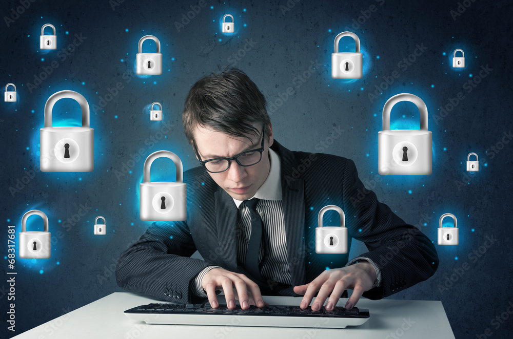 Poster young hacker with virtual lock symbols and icons
