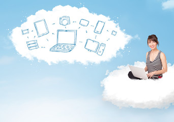 Young woman sitting in cloud with laptop