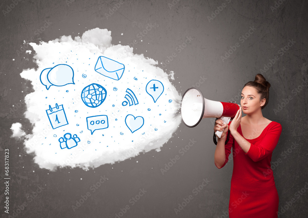 Wall mural woman shouting into loudspeaker and modern blue icons and symbol