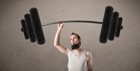 Funny skinny guy lifting weights