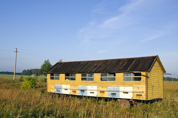 Fototapeta na wymiar apiary hives truck trailer in field