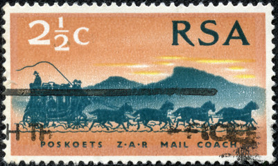 stamp printed in South Africa shows Mail Coach