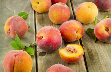 fresh peaches on a wooden table