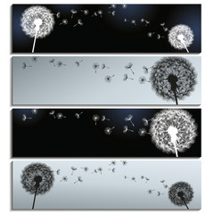 Set of horizontal banners black and grey with dandelions