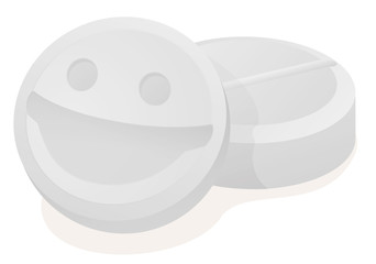 Close two white pills with smile of happiness