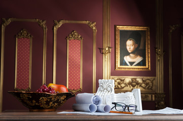 Portrait of spectacles, yellow pencil, design drawing and white