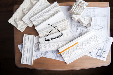 Top view portrait of spectacles, yellow pencil, design drawing a