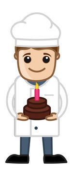 Chef Presenting Birthday Cake - Cartoon Vector