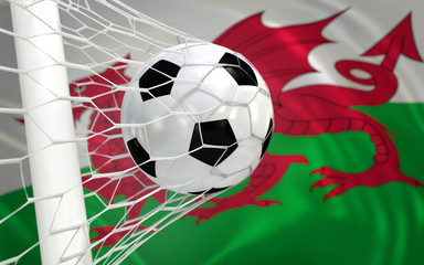 Flag of Wales and soccer ball in goal net