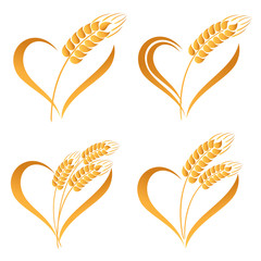 Set of abstract wheat ears icons with heart element