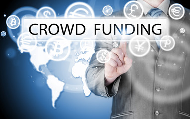 Businessman pushes virtual crowd funding button