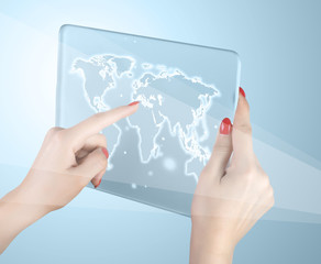 woman hand touch world map and connection