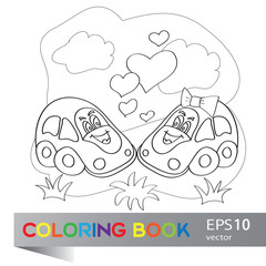 Vector illustration of cars on the summer meadow coloring book