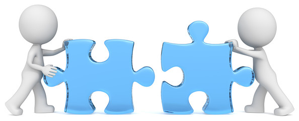 Dude the partners putting blue glass puzzle pieces together.