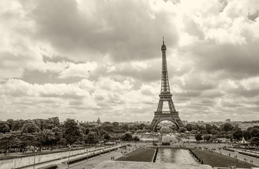 Eiffel Tower view from Trocadero gardens with fountains
