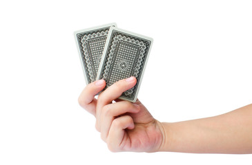 ็Isolated hand holding two cards (Gambling game)