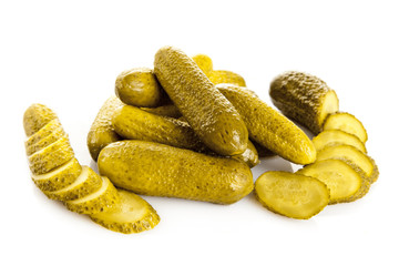 marinated pickled cucumbers isolated on white.