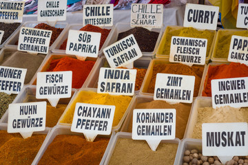 Variety of spices on the counter. Bazaar. Turkey.