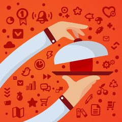 Bright vector illustration male hands hold tray with box on red