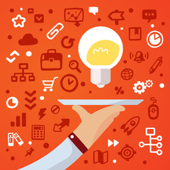 Bright vector illustration male hand holds tray with lightbulb o