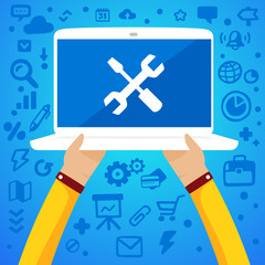 Bright vector illustration two male hands holding a laptop with