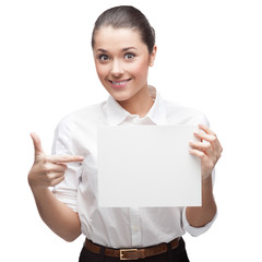 young cheerful businesswoman holding sign