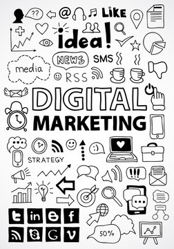 Hand drawn set of digital marketing and social media icons