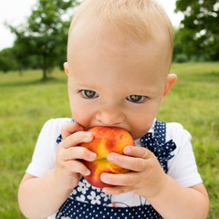 Cute little girl eating peach on the grass in summertime