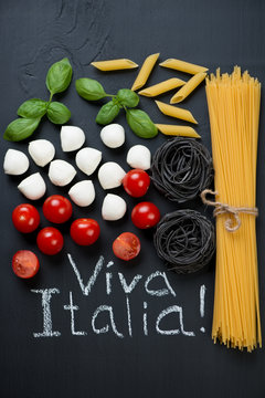 Variety of traditional italian food ingredients, view from above
