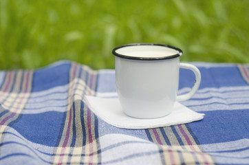 Mug with milk on tartan tablecloth