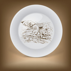 Decorative plate with image of farmhouse.