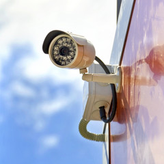 video surveillance camera on a wall of the building