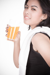 young woman with orange juice, isolated on white background