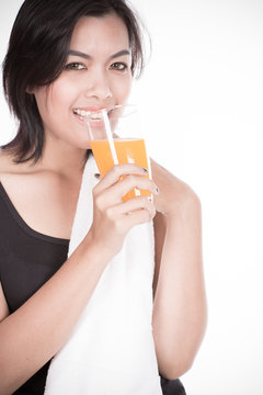 young woman with orange juice, isolated on white background