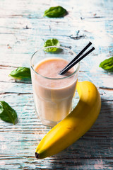 Fresh milk shake on wood