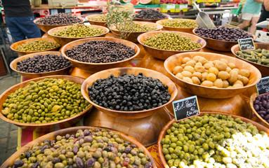 Asortment of olives on market stand, Ajaccio, France