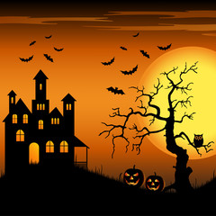 Halloween haunted castle with bats and tree background