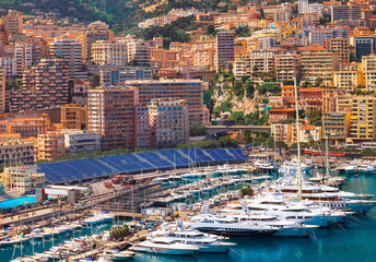 Fototapeta na wymiar View of Monaco harbour during formula 1 championship, Cote d'