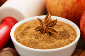 ingredients and spices for apple pie, close-up