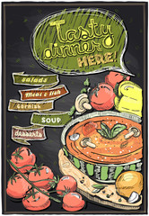 Chalkboard menu with soup.