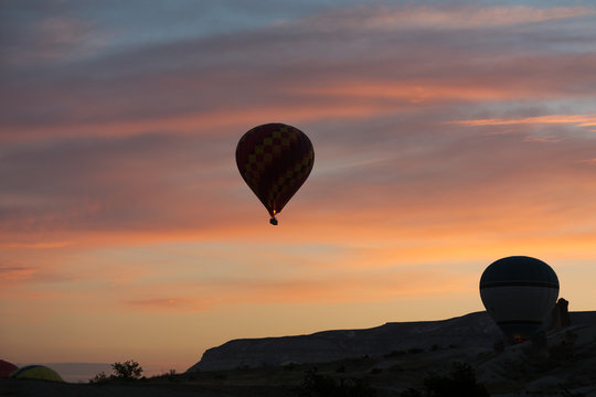 Hot Air Baloon over Cappadocia at sunrise. Turkey