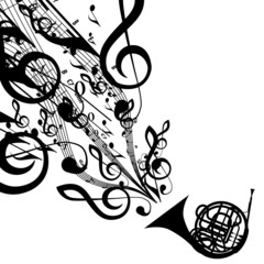 Vector Silhouette of French Horn with Musical Symbols