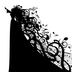 Vector Silhouette of Woman with Musical Symbols - 68369266