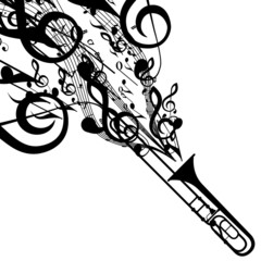 Naklejka premium Vector Silhouette of Trombone with Musical Symbols