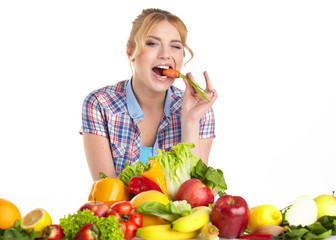 Young healthy woman with fruits and vegetables. Diet.