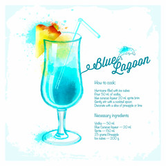 Blue Lagoon cocktails drawn watercolor.